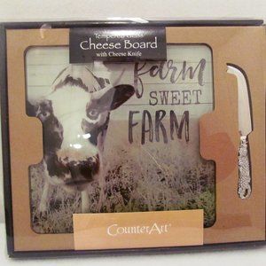 CounterArt Glass Cheese Board Farm Life with Knife